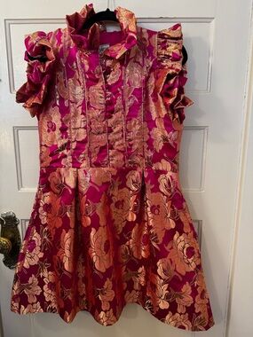 Sue Sartor Fairfield Mini Dress Hot Pink Gold Brocade Size Small NWOT